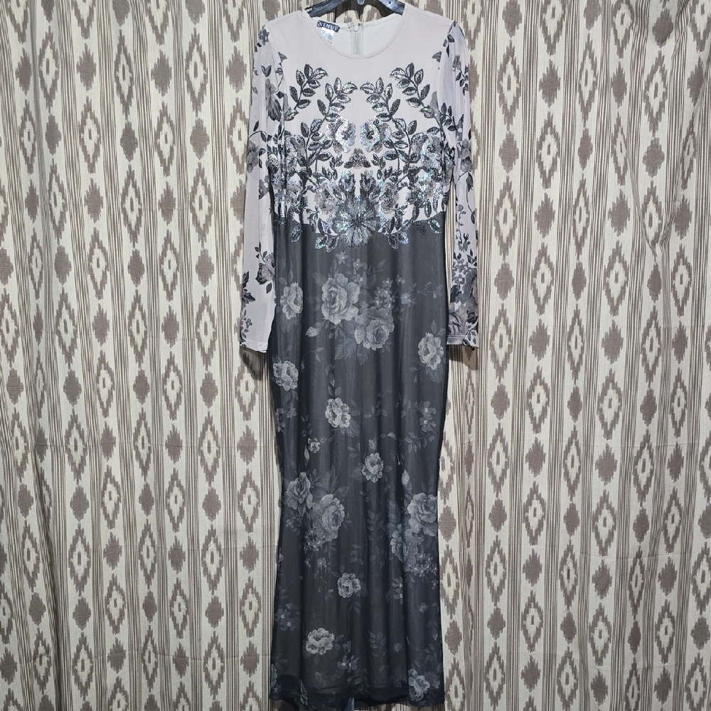 VENUS Two-Tone Gray Floral Embroidered Maxi Dress